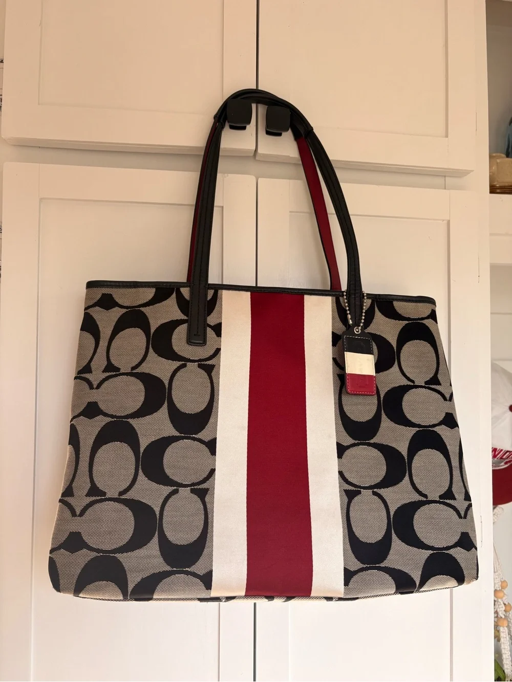 Coach Signature Stripe Tote Bag - Black, White & Red